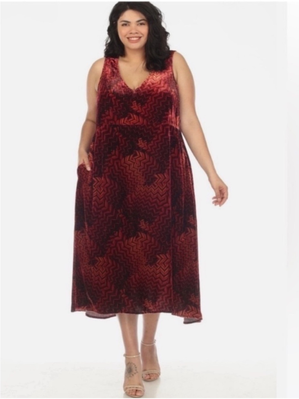 Johnny Was Belle Burgundy Velvet V-Neck Silk Blend Midi Dress Sz 3X